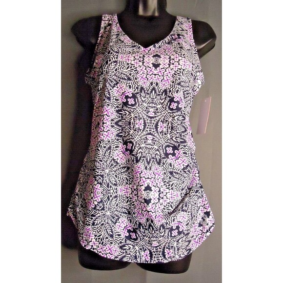 Swimsuits For All Sarong 1-Piece Swimsuit 12 Purple Black White Floral Print - Picture 2 of 7